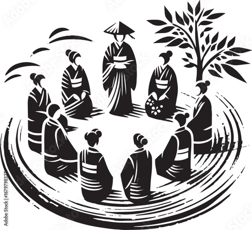 Contemplative circle: Minimalist monochrome illustration of a cu