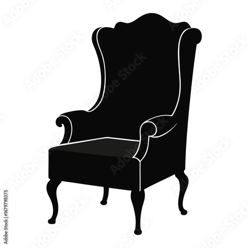 Wingback Chair Black Silhouette Vector Illustration on White Background