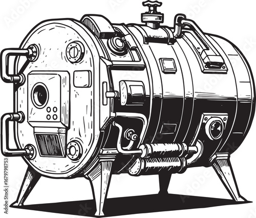 Monochrome illustration of stylized cryogenic tank equipment dra