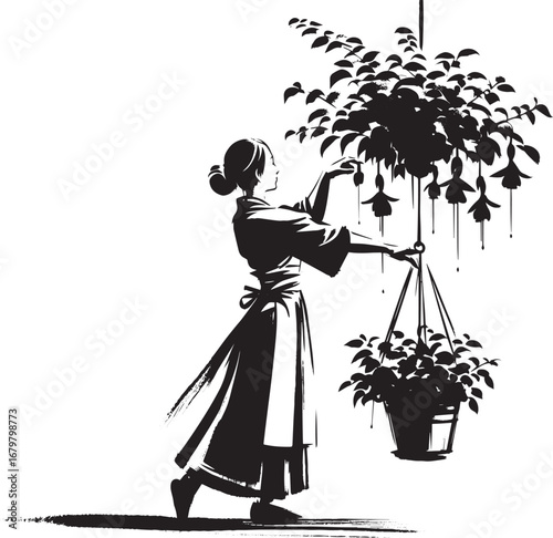Serene silhouette: Woman tending fuchsias in minimalist japanese
