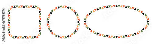 African pattern circle, square and rectangle frame. Mexican ethnic motif border. Triangular islamic ornament emblem. African ethnic culture ornament Vector illustration isolated on white background.