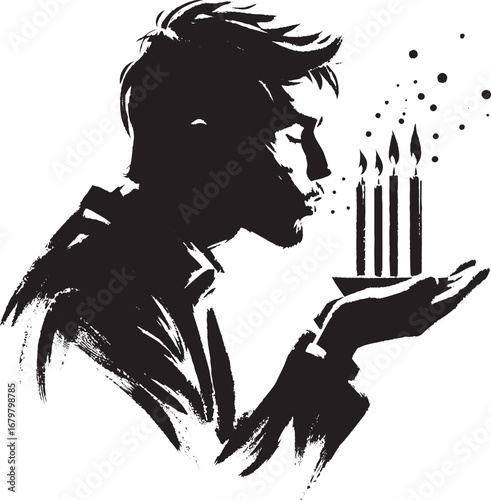 Monochrome Sumi-e Illustration of a Man Extinguishing Candles wi