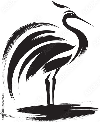 Botswana Crowned Crane in Minimalist Sumi-e Style Elegant Bird I