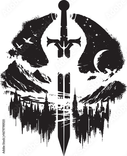 Black and White Sword in Landscape Logo Design with Mountains, City and Moon Silhouette