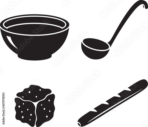 Soup bowl ladle bread and crouton vector illustration perfect for culinary designs