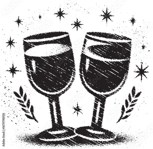 Stylized Illustration of Two Wine Glasses Clinking with Stars and Decorative Elements