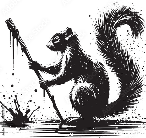 Artistic Black and White Illustration of a Squirrel Holding a Stick with Splatter Effects