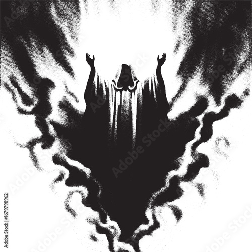 Mysterious hooded figure with raised arms emerging from darkness and bright light illustration