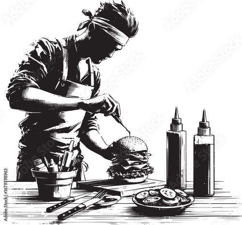 Artistic monochrome illustration of a chef creating a gourmet bu