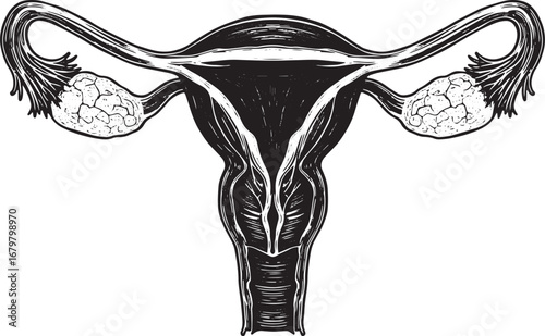 Detailed monochrome illustration of the female reproductive syst