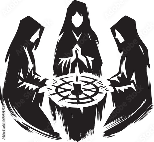 Mystical gathering illustration in sumi-e style, minimalist cove