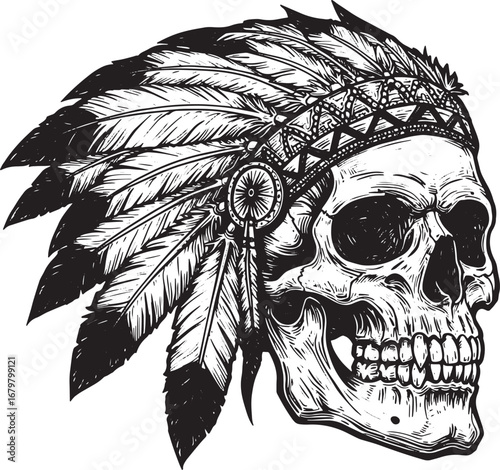 Skull adorned with feather headdress, monochrome gothic artwork