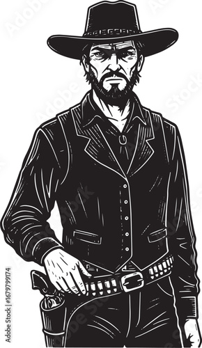 Monochrome depiction of a stern gunslinger in detailed woodcut s