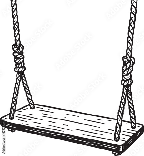 Monochrome Woodcut of a Rustic Rope Swing Suspended in Mid-Air o
