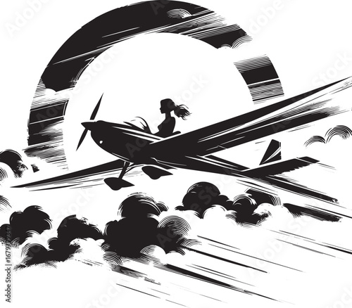 Silhouette of a woman soaring through clouds in a glider, render