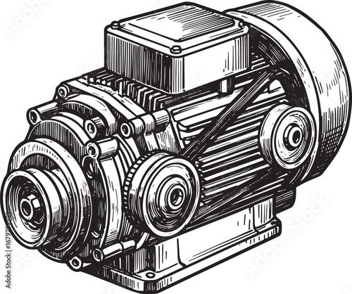 Detailed Woodcut Illustration of an Electric Motor with Belt Dri