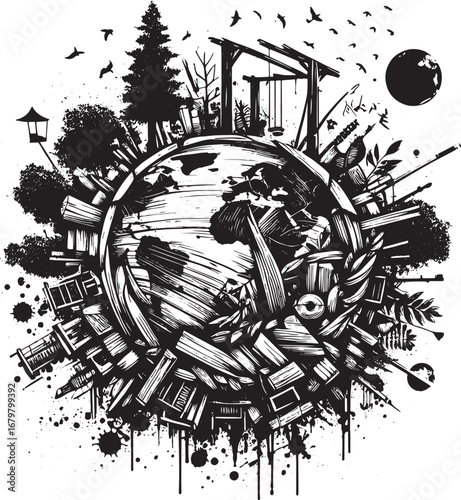Conceptual artwork depicting a planet Earth scene with nature, buildings, and abstract elements