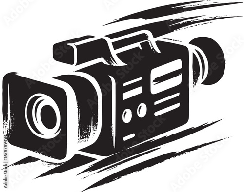 Abstract black and white camera icon with expressive brushstroke