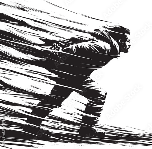 Monochromatic illustration of a man struggling against intense w