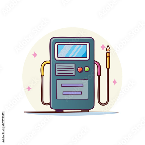 Cartoon style illustration of a petrol pump with hose and nozzle dispensing fuel