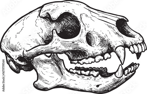 Detailed Monochrome Animal Skull Illustration with Striking Line