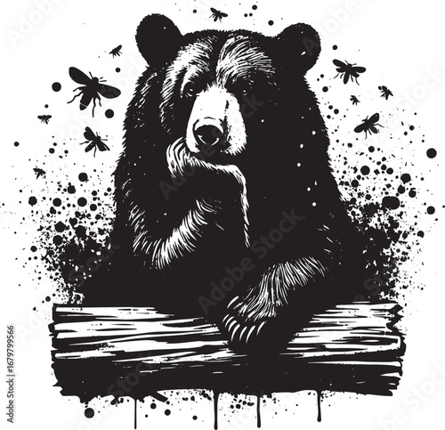 Black and White Illustration of a Contemplative Bear with Bees and Splatter Effects