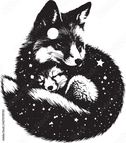 Artistic Illustration of Two Foxes Snuggling Amongst the Stars and a Celestial Moon