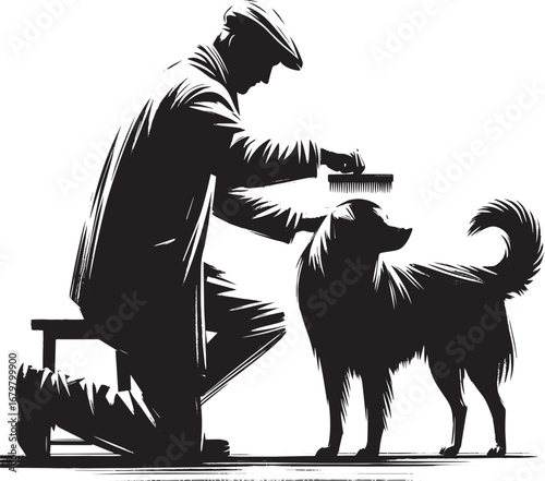 A monochromatic illustration of a man grooming a dog with minima