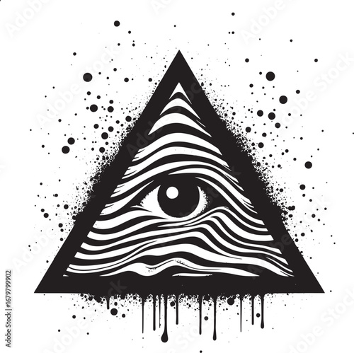 Mystical All-Seeing Eye Symbol Within a Triangle Surrounded by Splatter Effects in Black and White