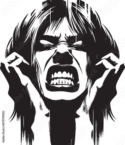 Intense Black and White Illustration of a Screaming Person Expressing Strong Emotions Visually