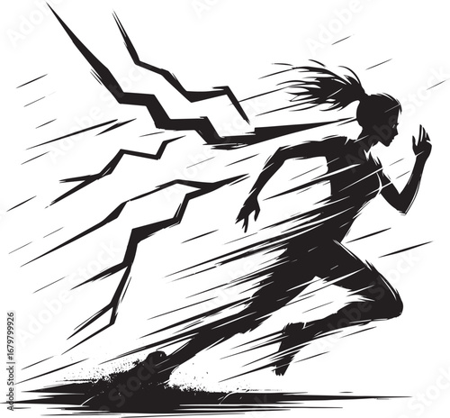 Silhouette of determination: A woman sprints amidst lightning, c
