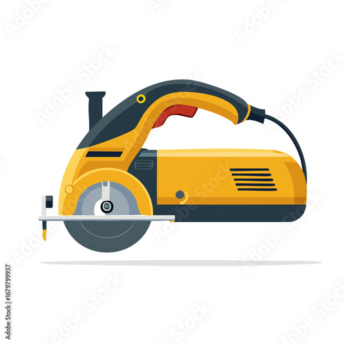 Yellow power saw with sharp circular blade designed for precise cutting and construction projects depicted against a white background