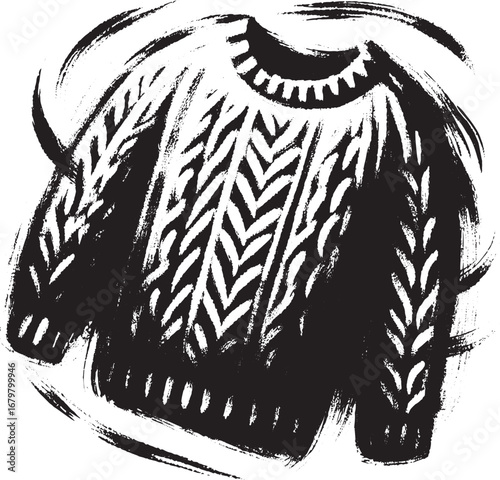 Stylish knitted Wool Sweater icon in minimalist sumi-e style wit