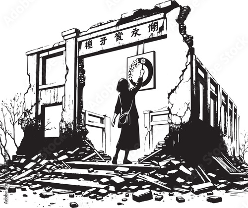 Artistic resilience: A woman's touch revitalizing a damaged buil