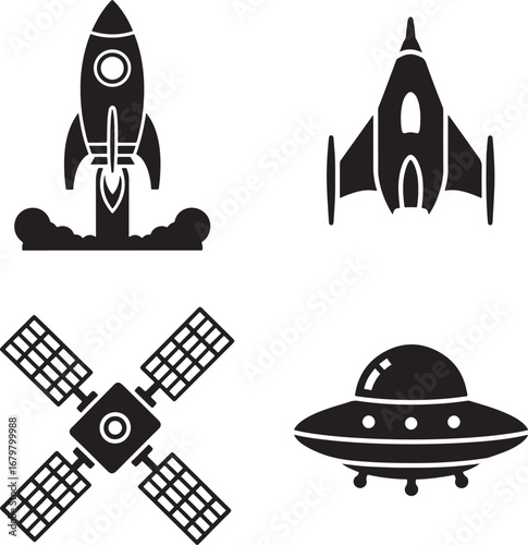 Space exploration icons set including rocket spaceship satellite and ufo in black and white