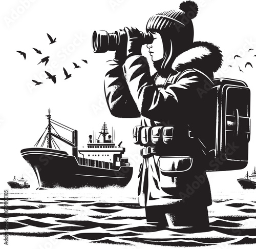 Monochrome illustration of a woman surveilling the sea with bino