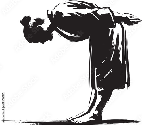 Serene monochrome depiction of a figure in a deep bow, sumi-e st