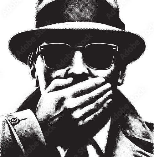 Illustration of a Person with Sunglasses and a Hat Covering Their Mouth in a Mysterious Way