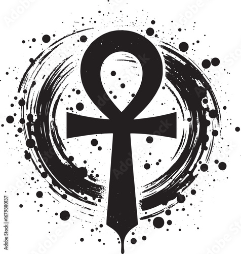 Ankh symbol in black and white with a textured circular background and paint splatters