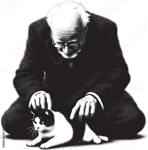 An elderly man in a suit lovingly pets a cat in a heartwarming black and white illustration