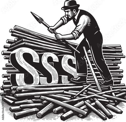 Illustration of a worker using a tool on a pile of logs with the letters SSS in the middle
