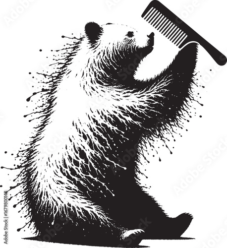 Unique Illustration of a Bear Grooming Itself with a Comb in a Vector Style
