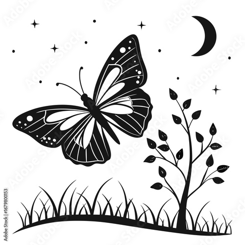 Butterfly wings glowing in aurora sky silhouette
