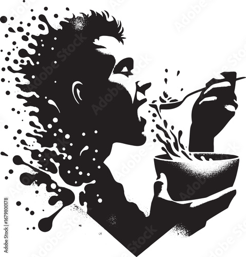 Artistic depiction of a person eating soup with dynamic splash effects in black and white