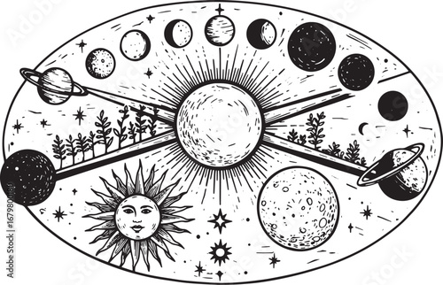 Cosmic Harmony: Woodcut Illustration of Celestial Bodies and Eth