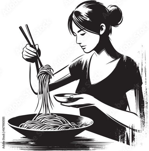 Elegant monochrome illustration of woman arranging noodles with