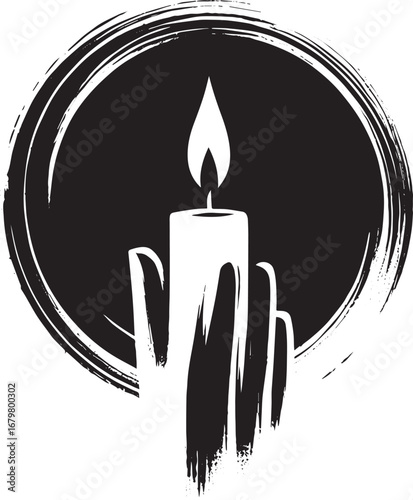 Minimalist Sumi-e Style Candle Icon in a Circle with Brush Strok