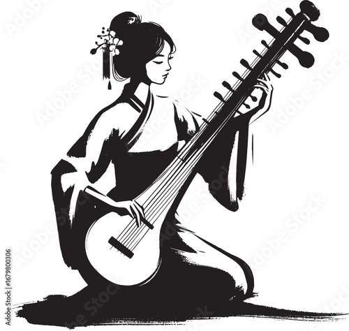Elegant monochrome illustration of a woman playing the vina in s
