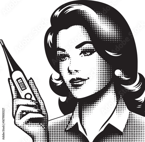 Vintage Pop Art Illustration of a Woman Holding a Digital Thermometer in Retro Style