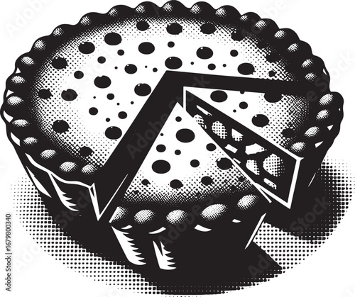 A black and white illustration of a delicious pie with a slice cut out and ready to be eaten